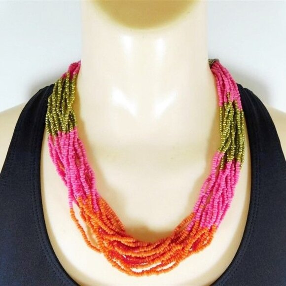 UNKNOWN Jewelry - 7/2391 Multi-Strand Pink/Orange/Gold Seed Beaded 20  Necklace